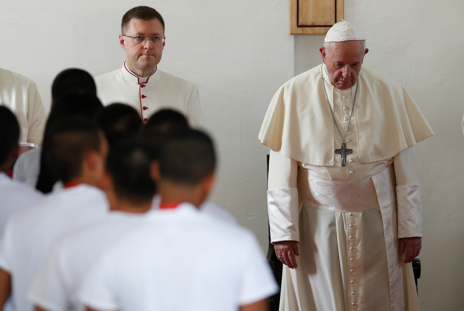 Pope Francis leads a penitential liturgy with juvenile detainees in Las Garzas de Pacora Juvenile Detention Center in Pacora, Panama, Jan. 25, 2019.